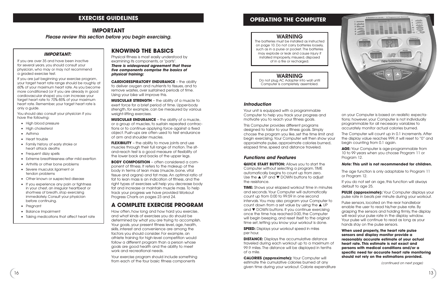 Operating the computer, Warning, Important | Exercise guidelines, Knowing the basics, A complete exercise program | Fitness Quest 6.5r User Manual | Page 14 / 15