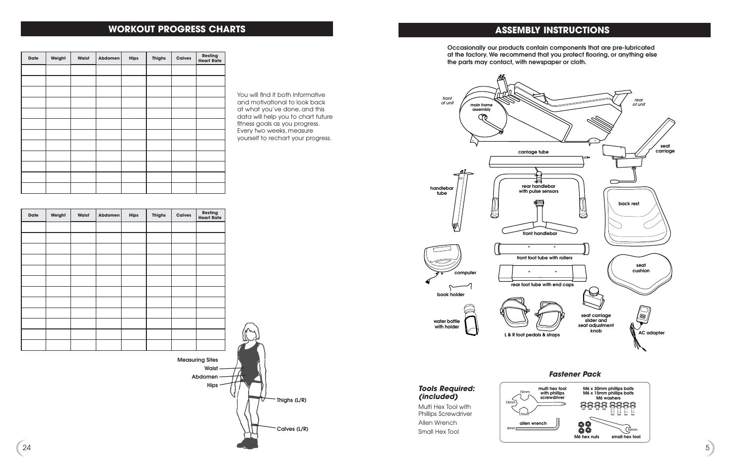 Assembly instructions, Workout progress charts, Tools required: (included) | Fastener pack | Fitness Quest 6.5r User Manual | Page 6 / 15