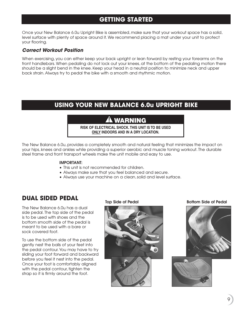 Warning, Using your new balance 6.0u upright bike, Getting started | Dual sided pedal | Fitness Quest NBP01060-2 User Manual | Page 10 / 26
