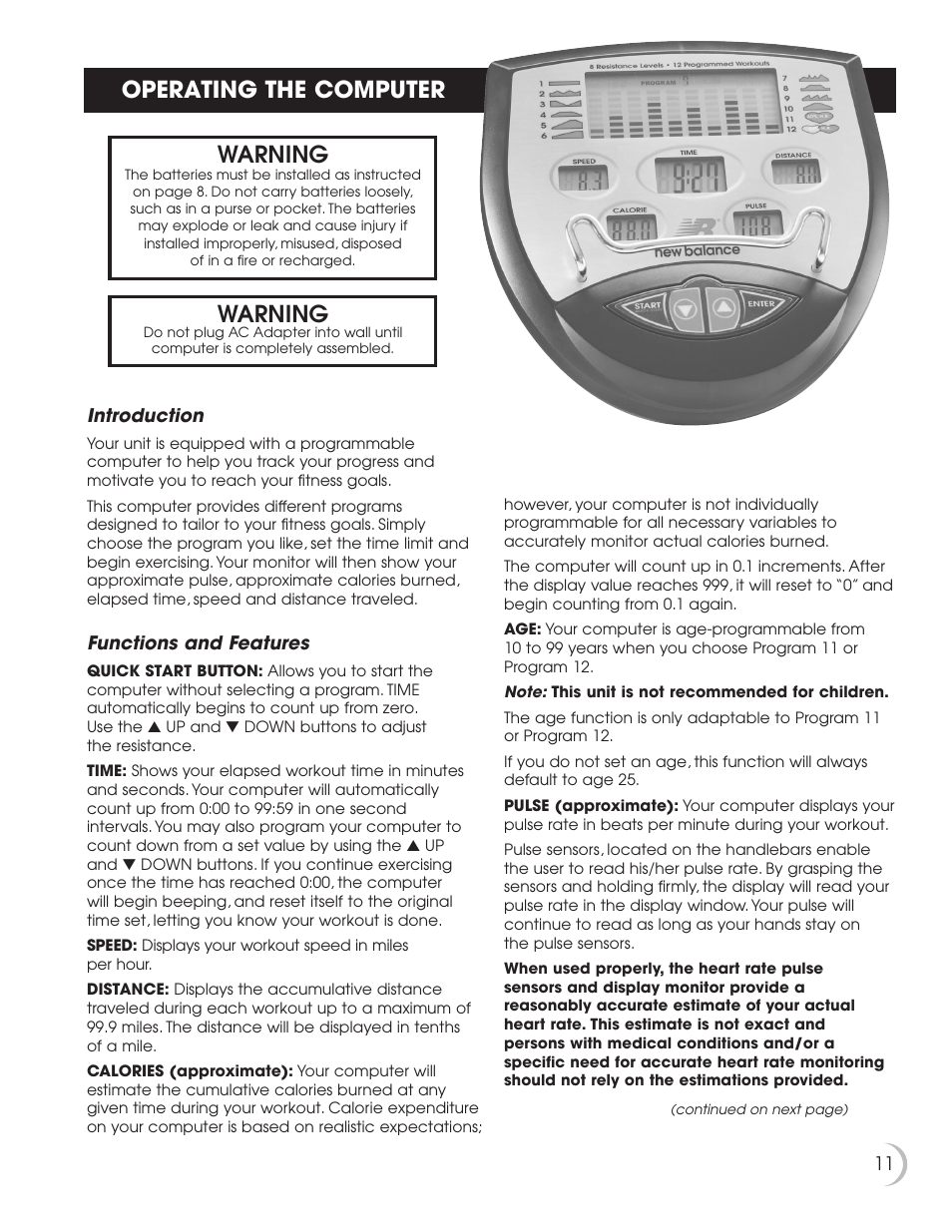 Operating the computer, Warning | Fitness Quest NBP01060-2 User Manual | Page 12 / 26