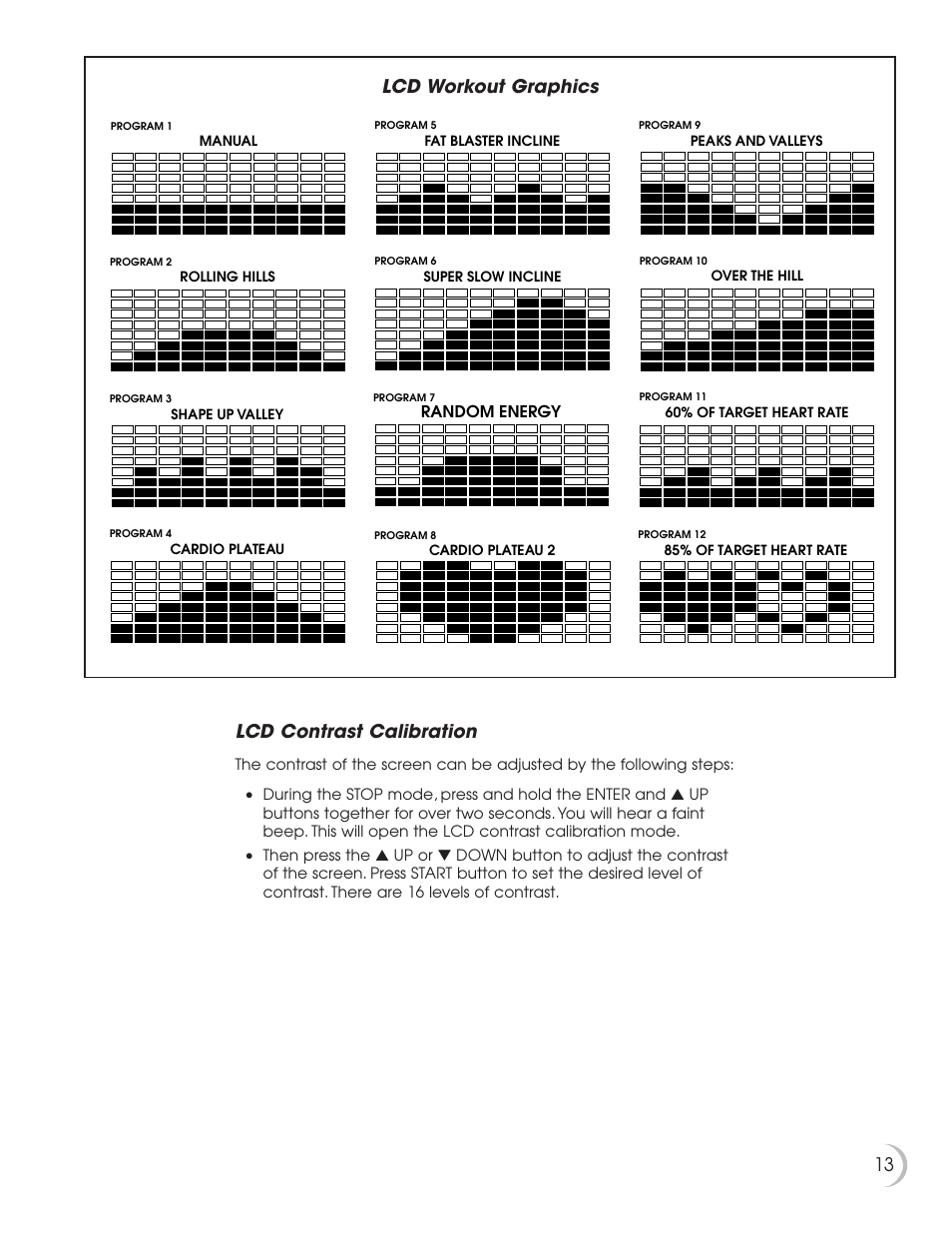 13 lcd contrast calibration, Lcd workout graphics | Fitness Quest NBP01060-2 User Manual | Page 14 / 26