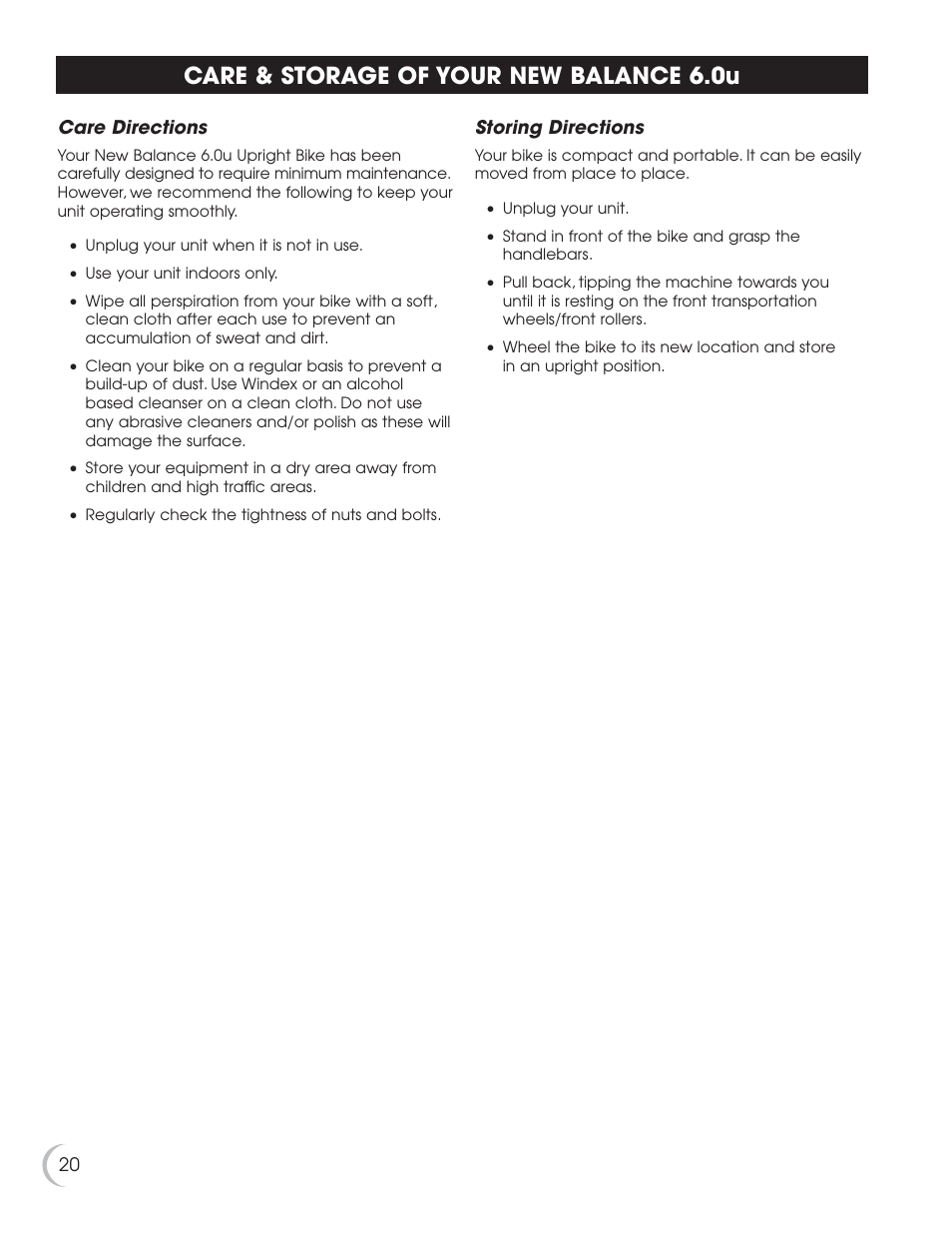 Care & storage of your new balance 6.0u | Fitness Quest NBP01060-2 User Manual | Page 21 / 26