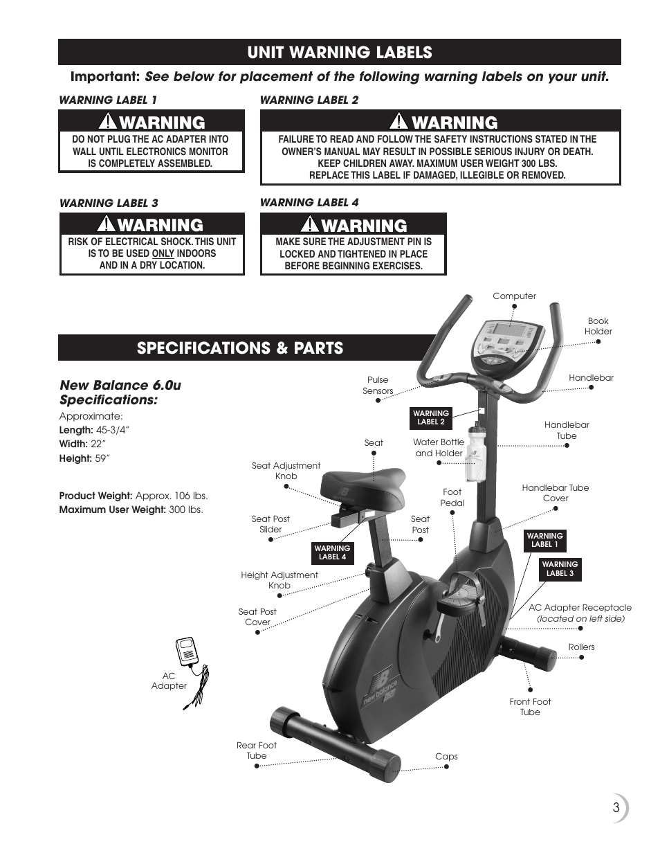 Warning, Unit warning labels specifications & parts | Fitness Quest NBP01060-2 User Manual | Page 4 / 26