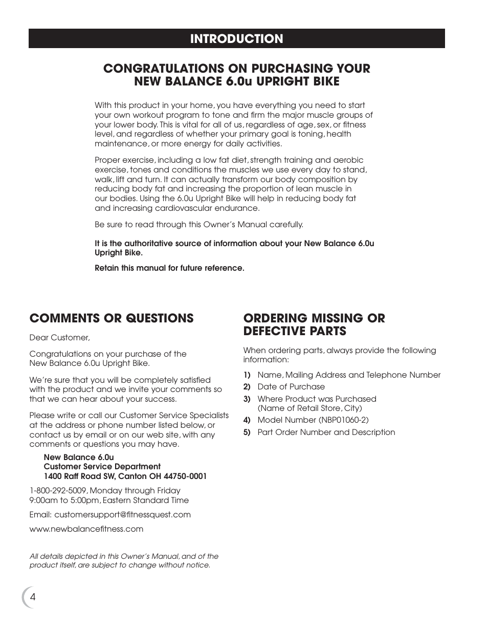 Comments or questions, Ordering missing or defective parts | Fitness Quest NBP01060-2 User Manual | Page 5 / 26
