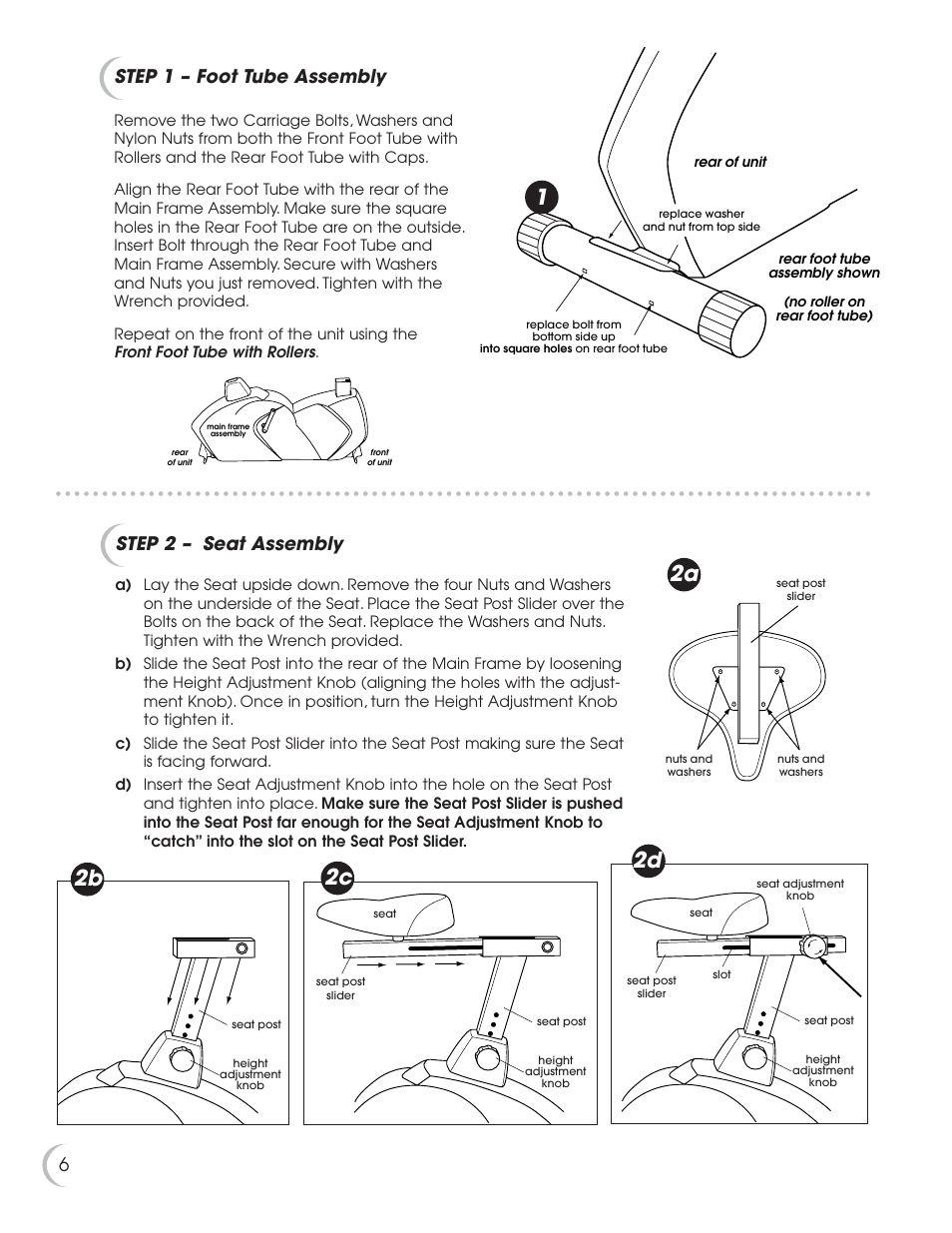 2b 2d 2c, 6step 1 – foot tube assembly, Step 2 – seat assembly | Fitness Quest NBP01060-2 User Manual | Page 7 / 26