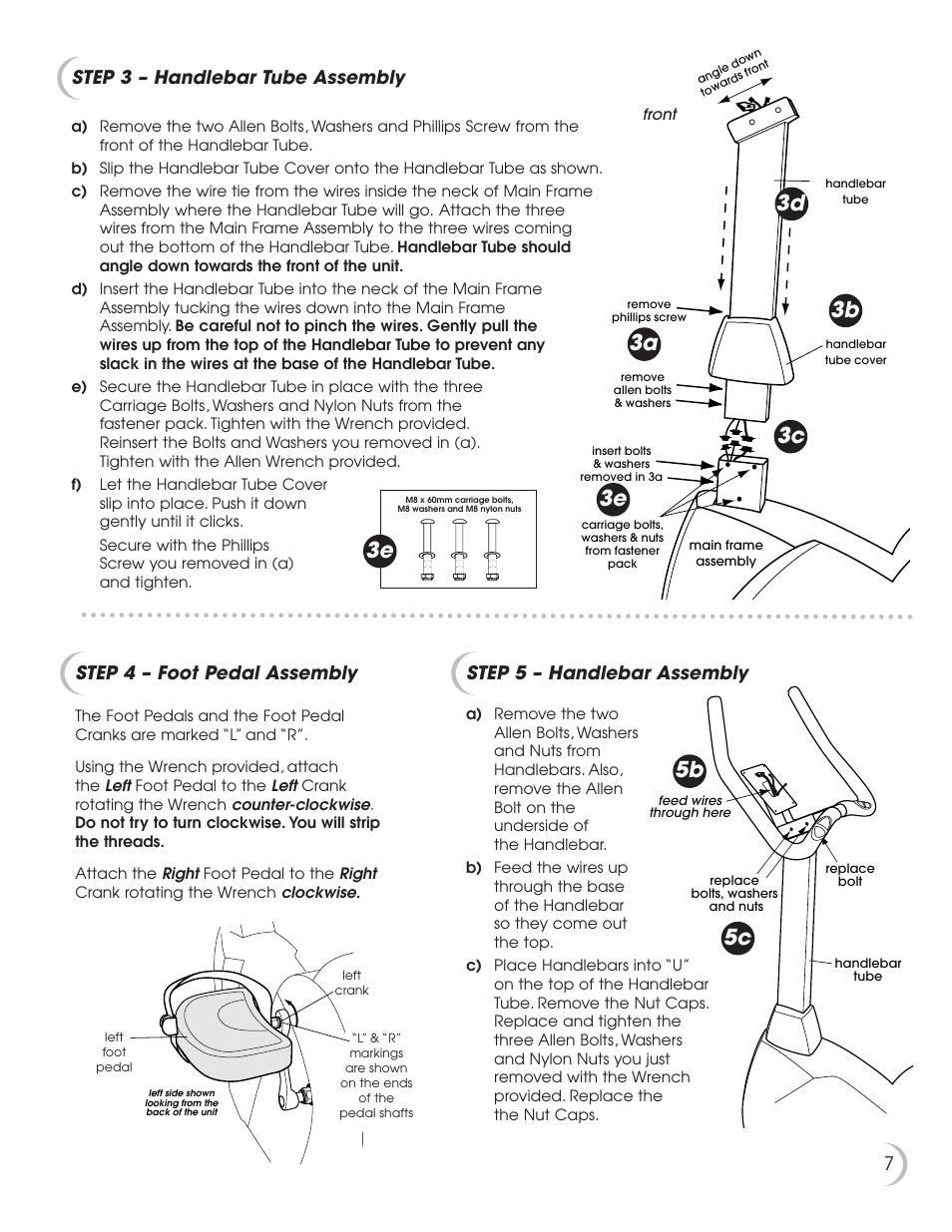 3a 3e 3b 3c, 3d 5b 5c, Step 3 – handlebar tube assembly | Step 4 – foot pedal assembly, Step 5 – handlebar assembly | Fitness Quest NBP01060-2 User Manual | Page 8 / 26