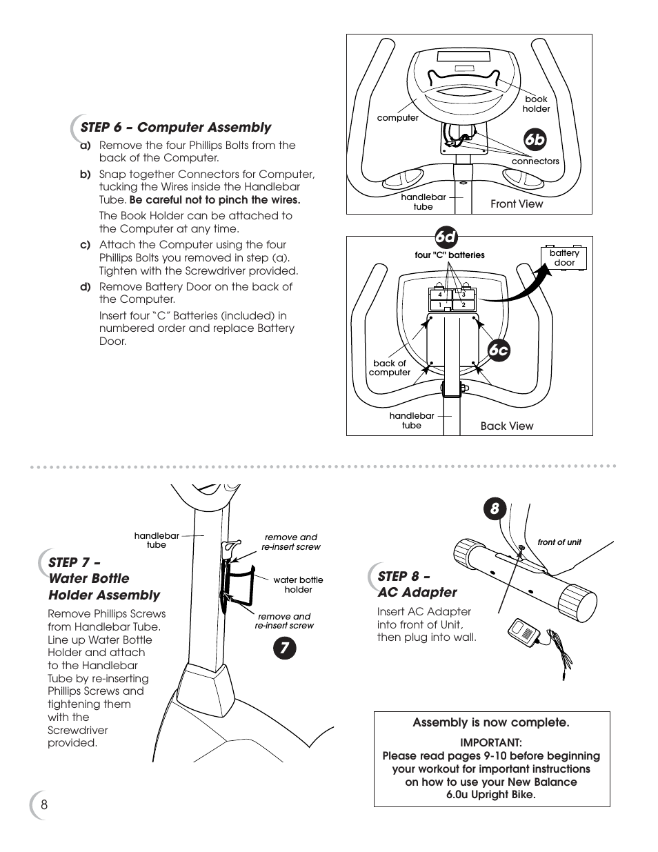 6b 6c 6d, Step 8 – ac adapter, Step 7 – water bottle holder assembly | Step 6 – computer assembly | Fitness Quest NBP01060-2 User Manual | Page 9 / 26