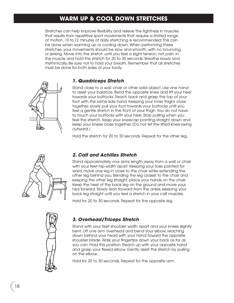 Warm up & cool down stretches | Fitness Quest 7.0r User Manual | Page 19 / 26