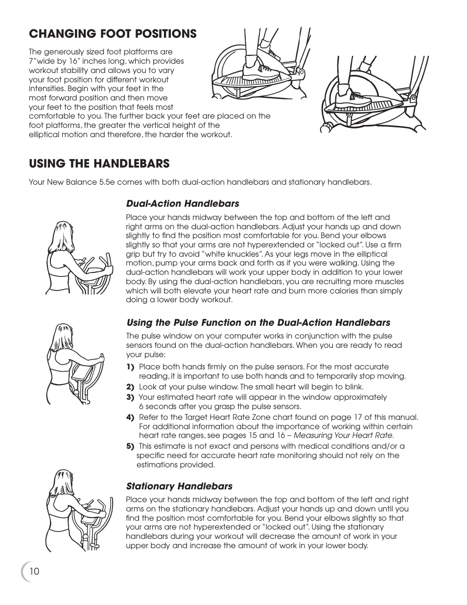 Changing foot positions, Using the handlebars | Fitness Quest 5.5e User Manual | Page 11 / 26