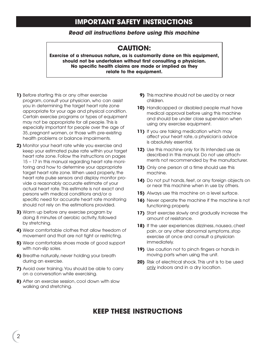 Important safety instructions, Caution, Keep these instructions | Fitness Quest 5.5e User Manual | Page 3 / 26