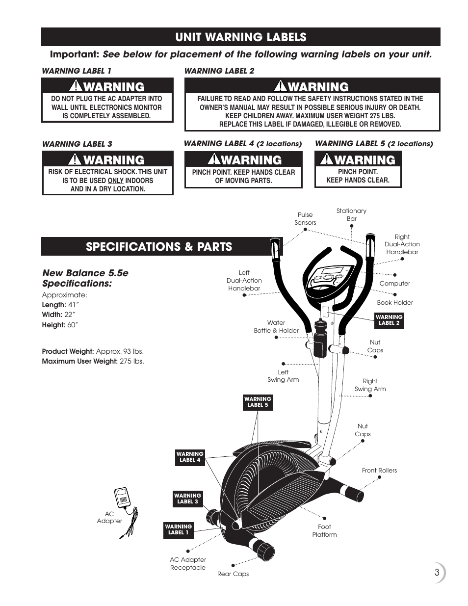 Warning, Unit warning labels specifications & parts | Fitness Quest 5.5e User Manual | Page 4 / 26