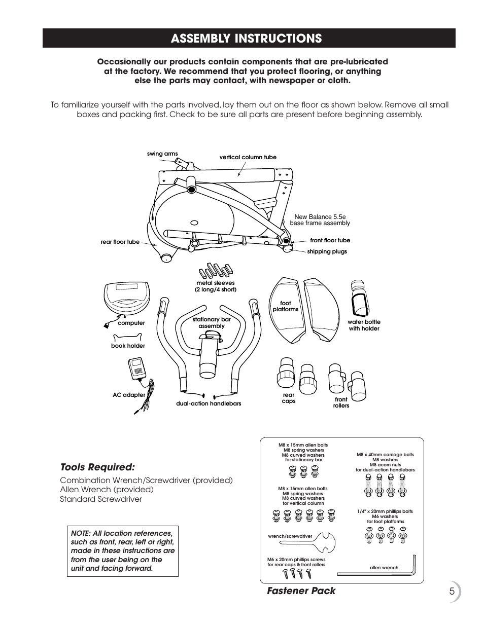 Assembly instructions, 5fastener pack tools required | Fitness Quest 5.5e User Manual | Page 6 / 26