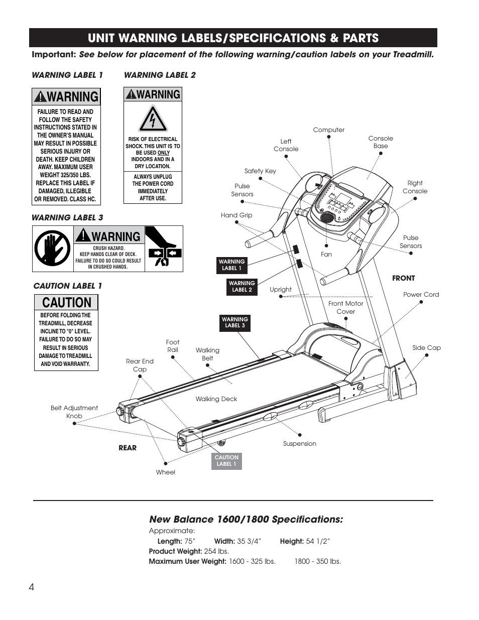 Caution, Warning, Unit warning labels/specifications & parts | Fitness Quest 1600 User Manual | Page 10 / 35