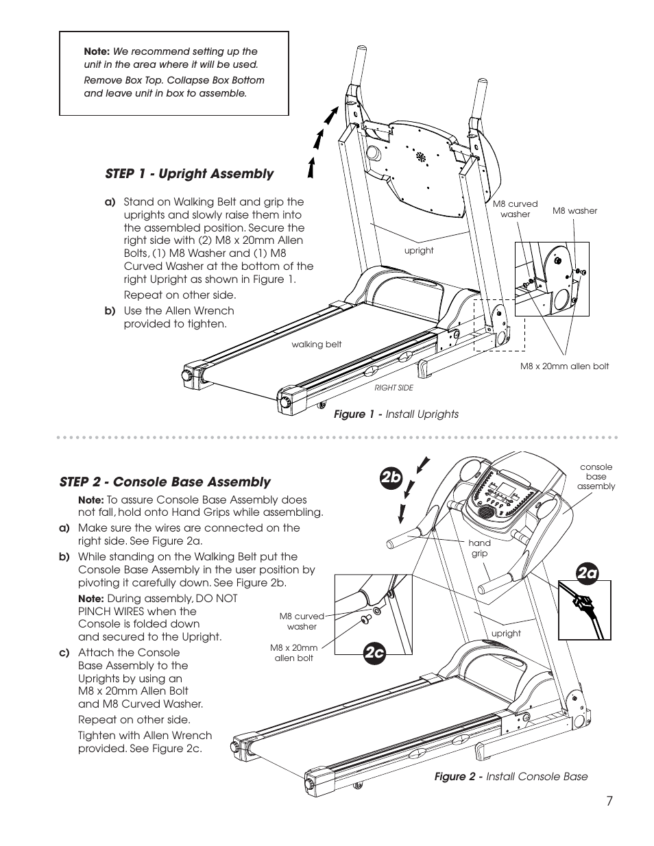 2b 2c, Step 1 - upright assembly, Step 2 - console base assembly | Fitness Quest 1600 User Manual | Page 17 / 35