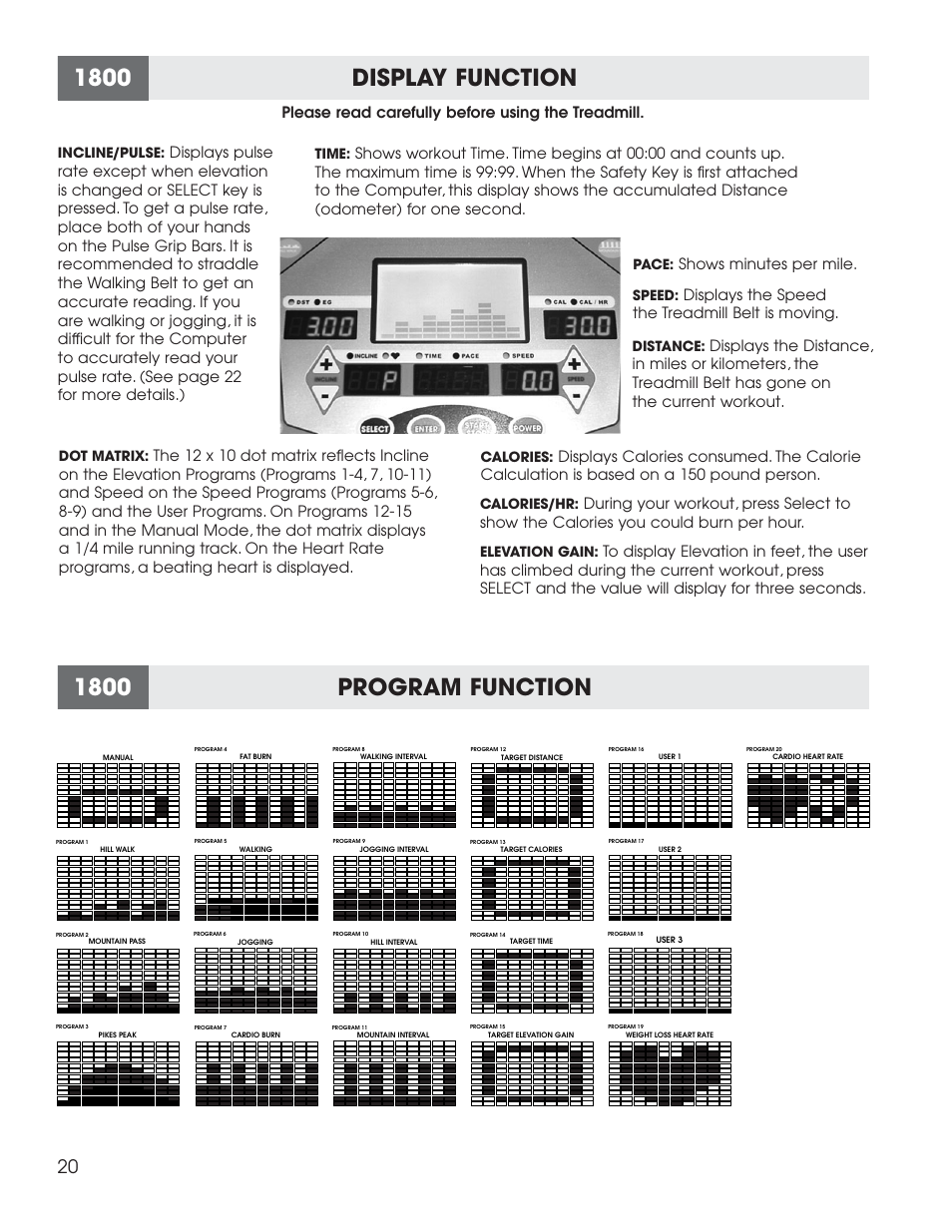 1800 program function, 1800 display function | Fitness Quest 1600 User Manual | Page 28 / 35