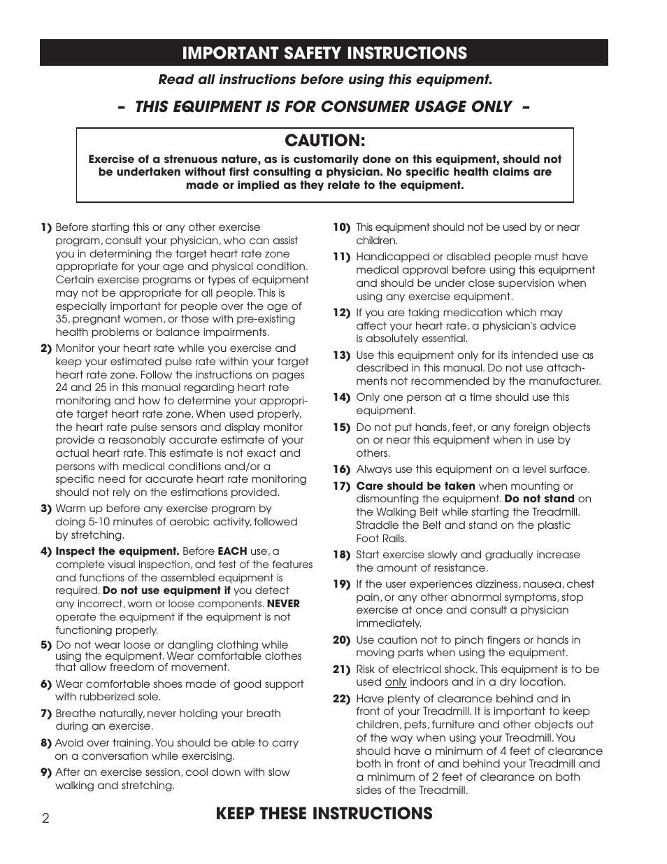 Important safety instructions, Caution, Keep these instructions | This equipment is for consumer usage only | Fitness Quest 1600 User Manual | Page 6 / 35