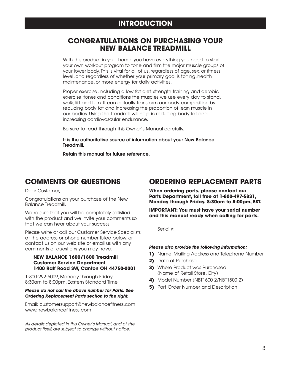 Ordering replacement parts, Comments or questions | Fitness Quest 1600 User Manual | Page 9 / 35