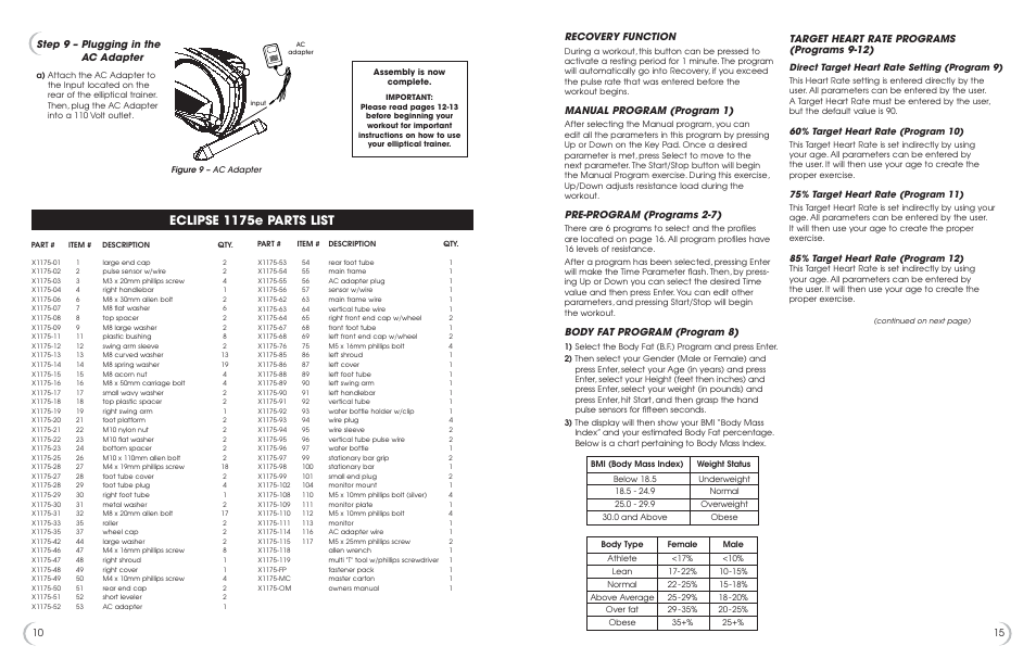 Eclipse 1175e parts list, Step 9 – plugging in the ac adapter, Recovery function | Manual program (program 1), Pre-program (programs 2-7), Body fat program (program 8), Target heart rate programs (programs 9-12), Direct target heart rate setting (program 9), 60% target heart rate (program 10), 75% target heart rate (program 11) | Fitness Quest 1175e User Manual | Page 11 / 13