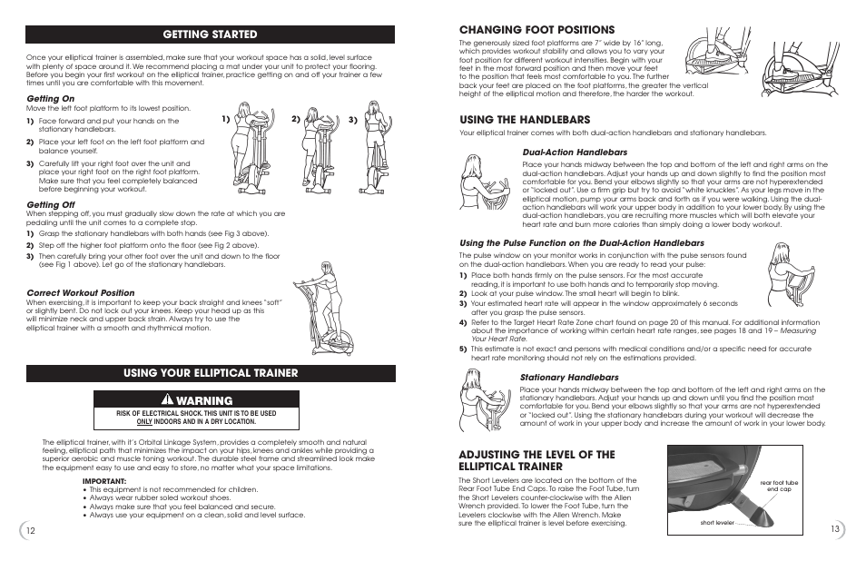 Warning, Getting started, Using your elliptical trainer | Changing foot positions, Using the handlebars, Adjusting the level of the elliptical trainer | Fitness Quest 1175e User Manual | Page 13 / 13
