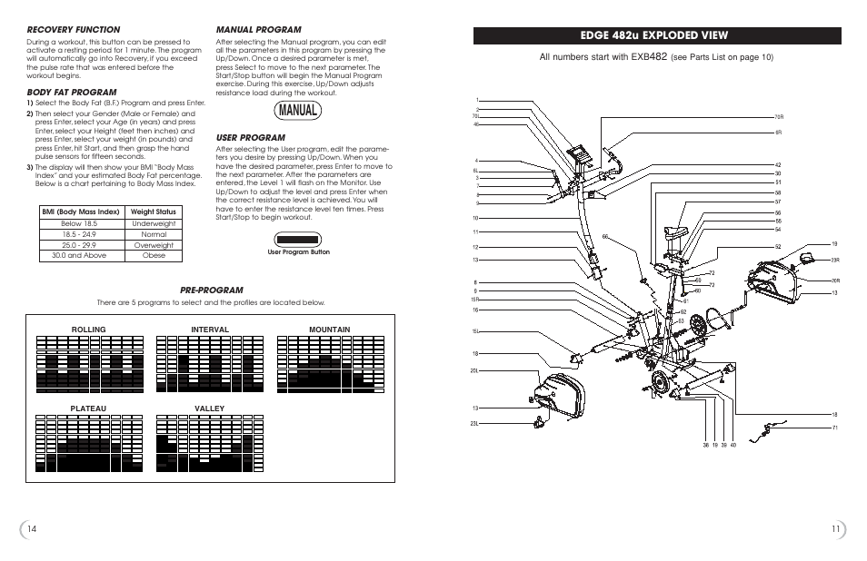 Manual, Edge 482u exploded view, All numbers start with exb | Fitness Quest 482u User Manual | Page 12 / 13