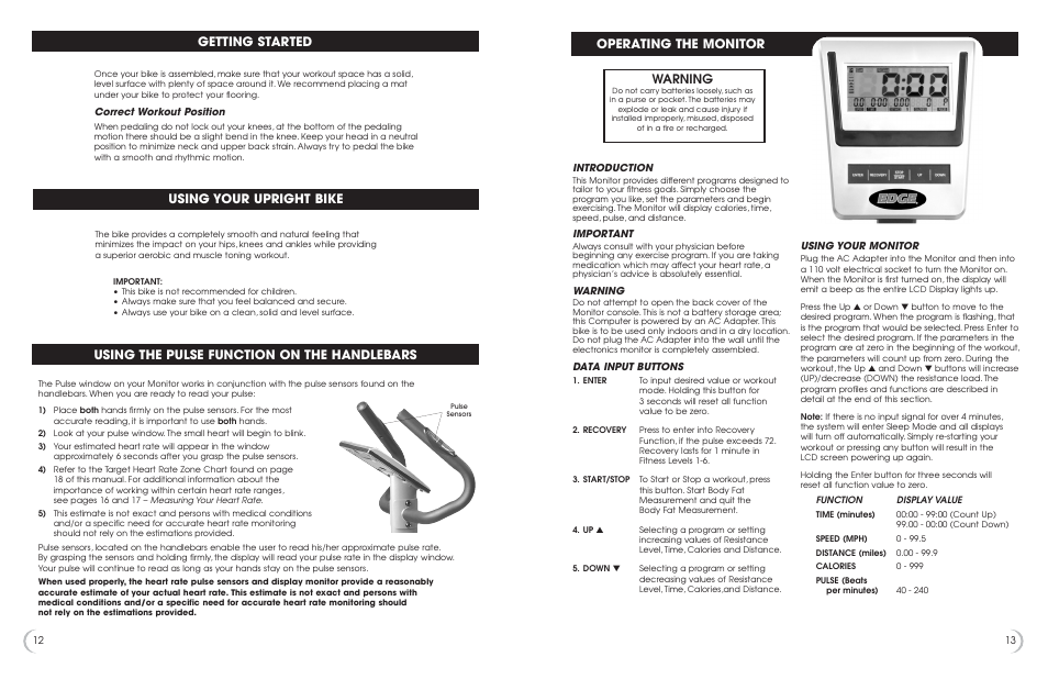 Operating the monitor, Warning, Using your upright bike | Getting started, Using the pulse function on the handlebars | Fitness Quest 482u User Manual | Page 13 / 13