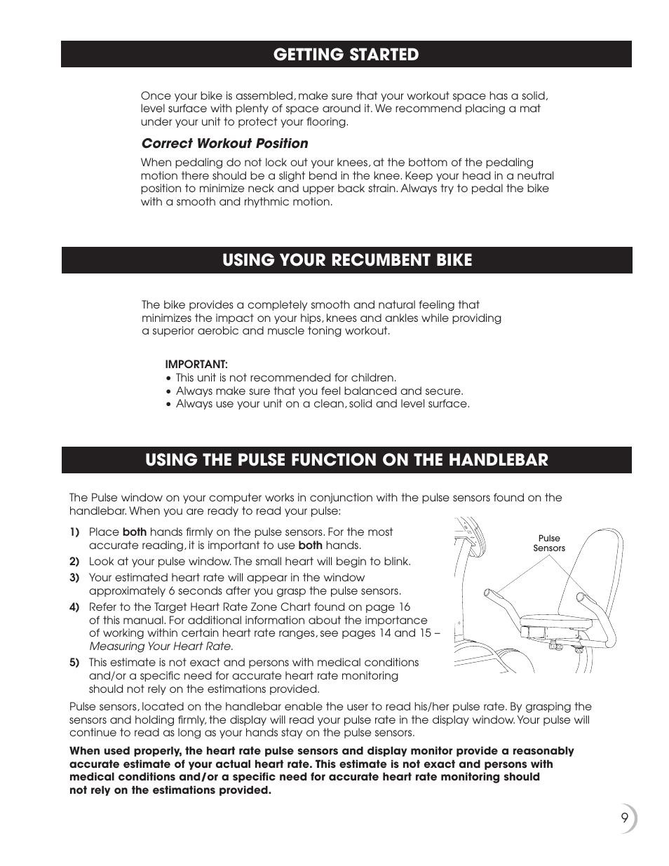 Using your recumbent bike, Getting started, Using the pulse function on the handlebar | Fitness Quest 284 User Manual | Page 10 / 25