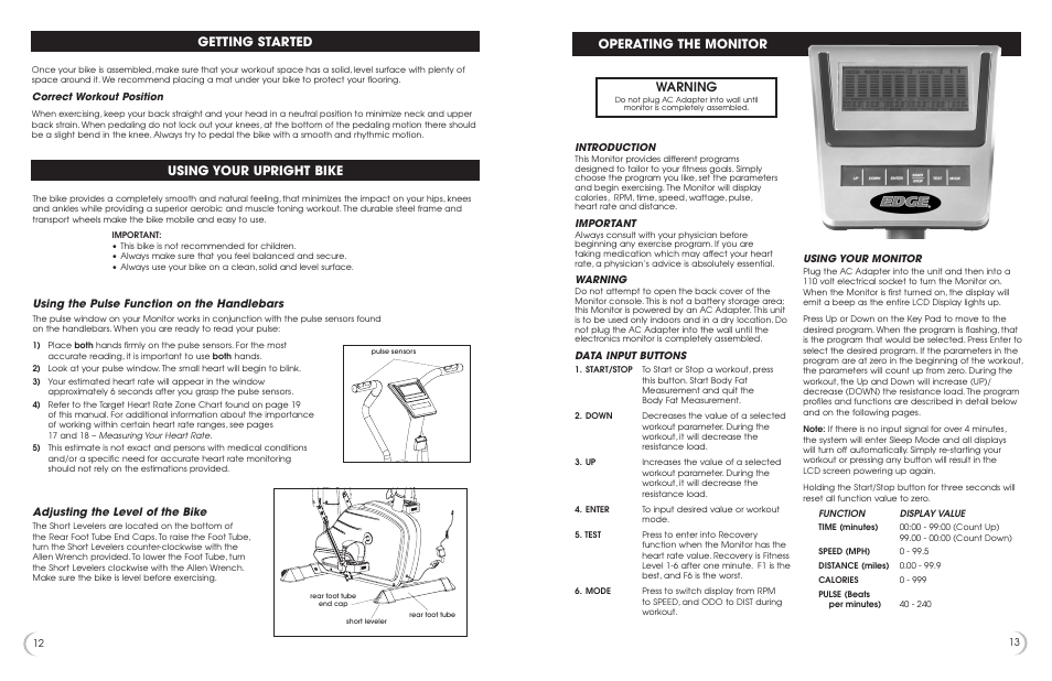 Getting started using your upright bike, Operating the monitor, Warning | Using the pulse function on the handlebars, Adjusting the level of the bike | Fitness Quest 475u User Manual | Page 13 / 13