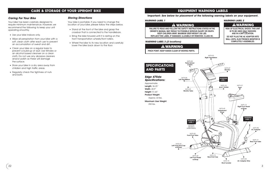 Warning, Specifications and parts, Equipment warning labels | Care & storage of your upright bike, Edge 475da specifications, Storing directions, Caring for your bike | Fitness Quest 475u User Manual | Page 4 / 13