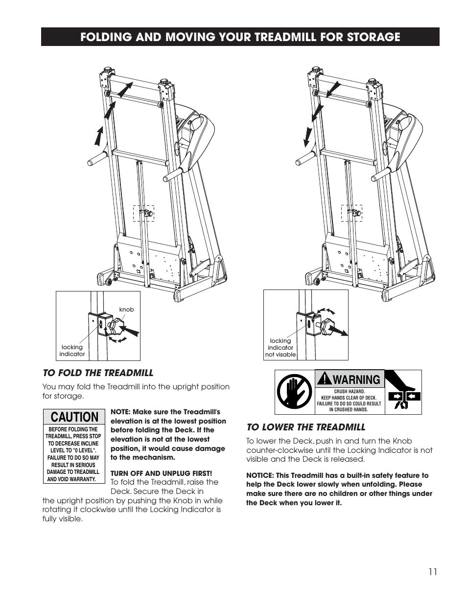 Caution, Warning, Folding and moving your treadmill for storage | 11 to lower the treadmill | Fitness Quest 1400 User Manual | Page 12 / 35