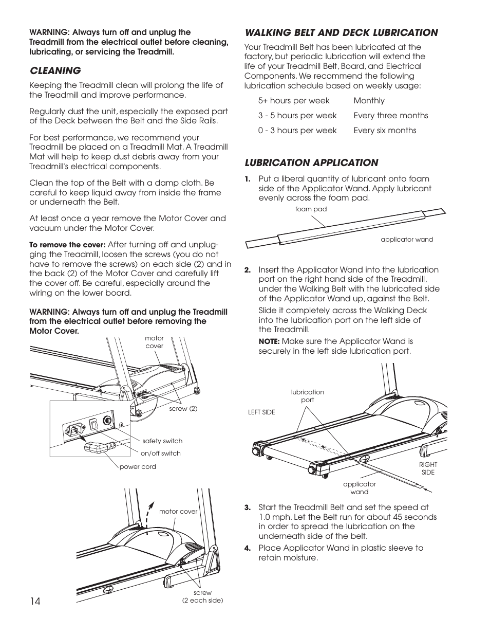 Walking belt and deck lubrication, Lubrication application, Cleaning | Fitness Quest 1400 User Manual | Page 15 / 35