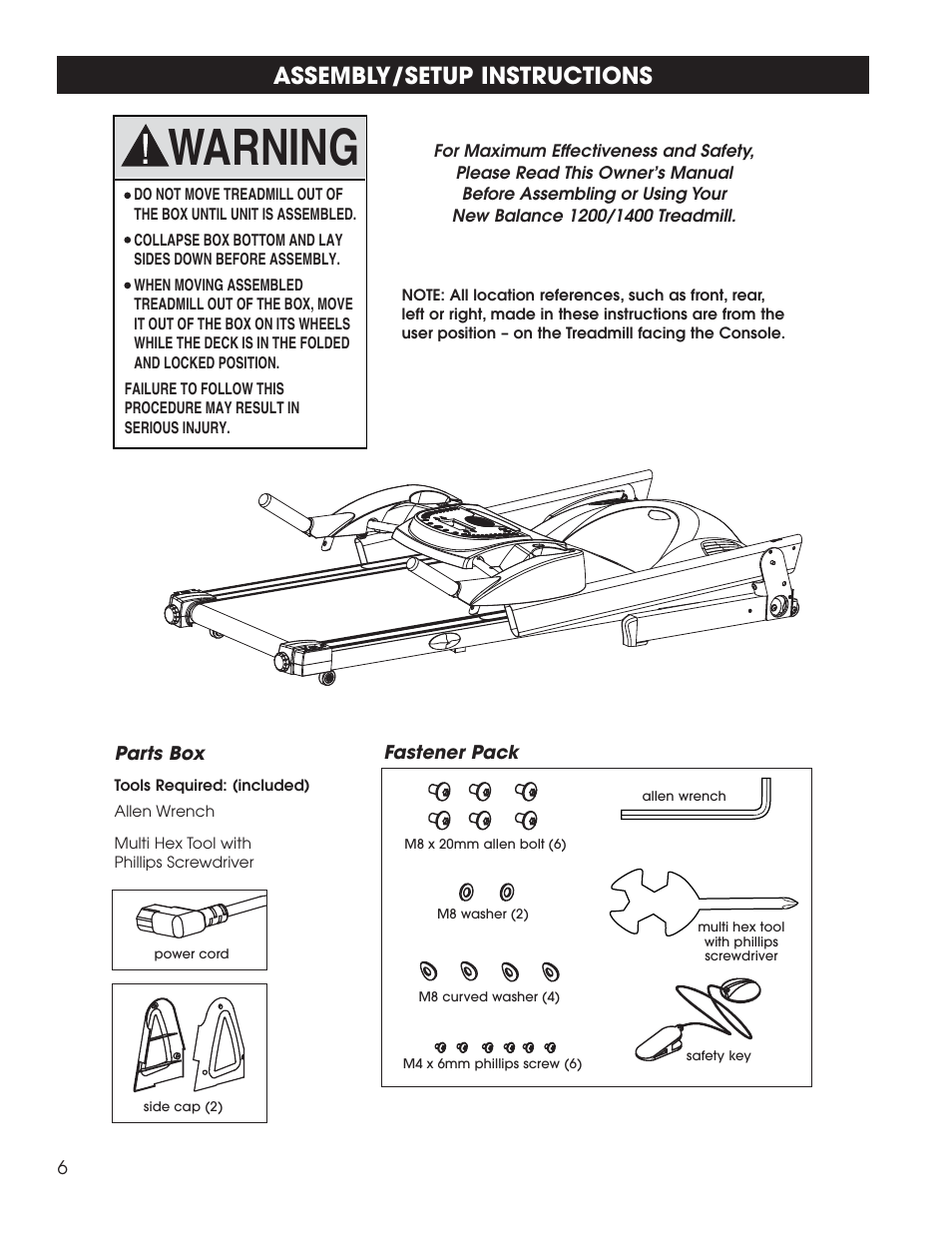 Warning, Assembly/setup instructions | Fitness Quest 1400 User Manual | Page 7 / 35