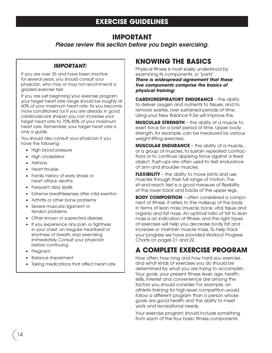 Important, Exercise guidelines, Knowing the basics | A complete exercise program | Fitness Quest 9.5e User Manual | Page 15 / 26