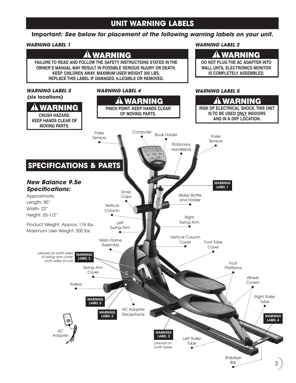 Warning, Unit warning labels specifications & parts | Fitness Quest 9.5e User Manual | Page 4 / 26