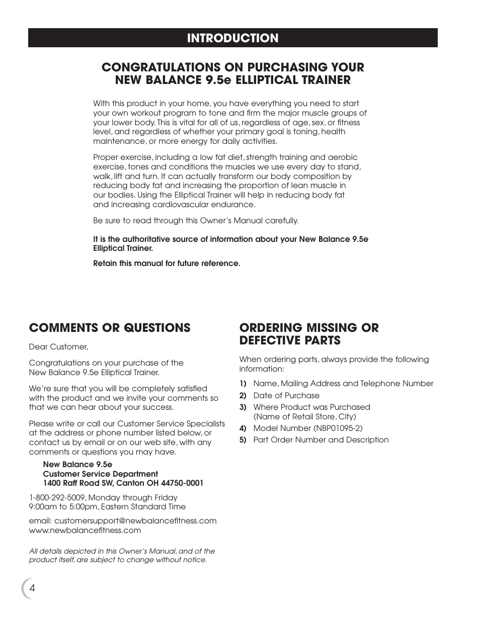Comments or questions, Ordering missing or defective parts | Fitness Quest 9.5e User Manual | Page 5 / 26
