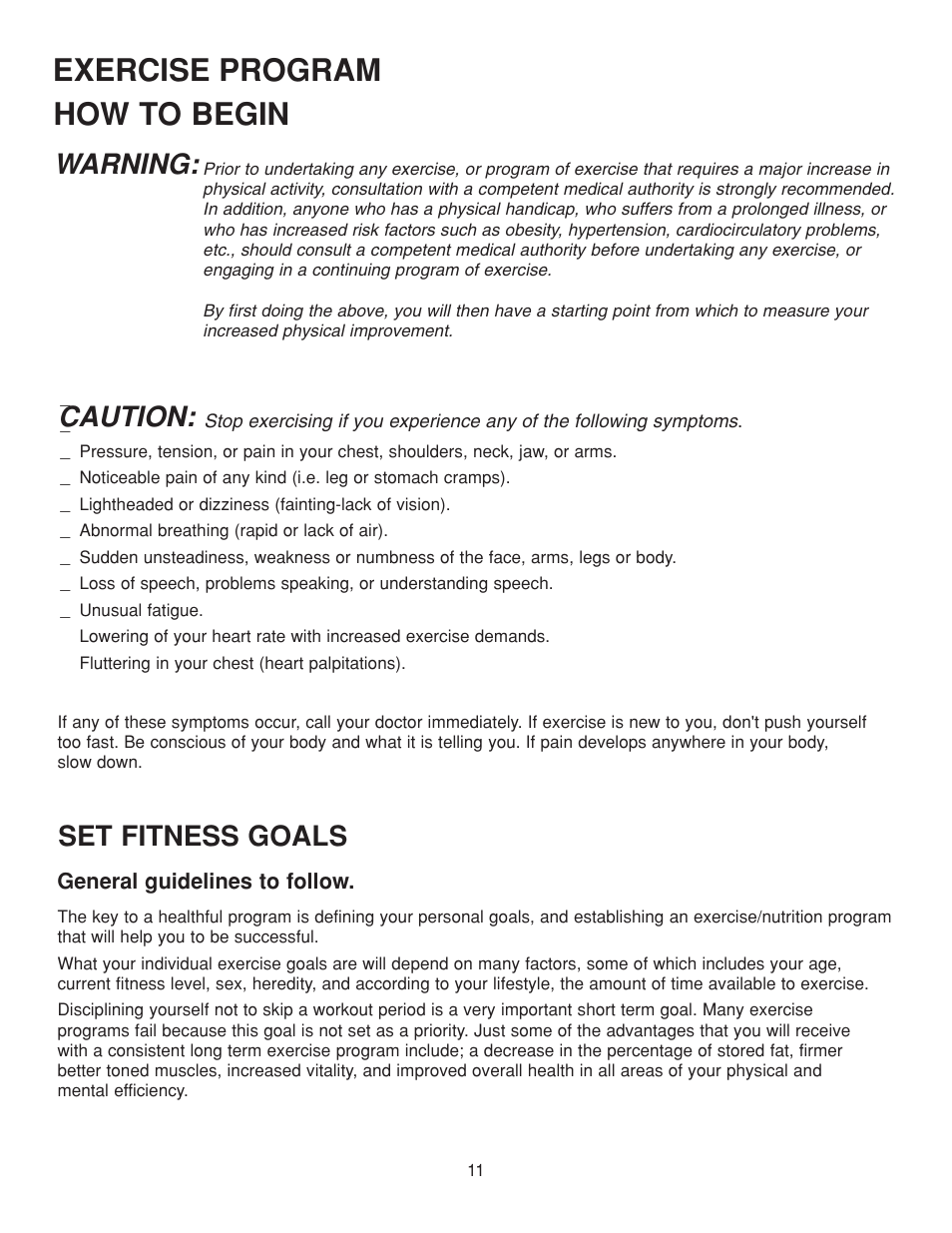 How to begin, Exercise program, Warning | Caution, Set fitness goals | Fitness Quest 386da User Manual | Page 11 / 18