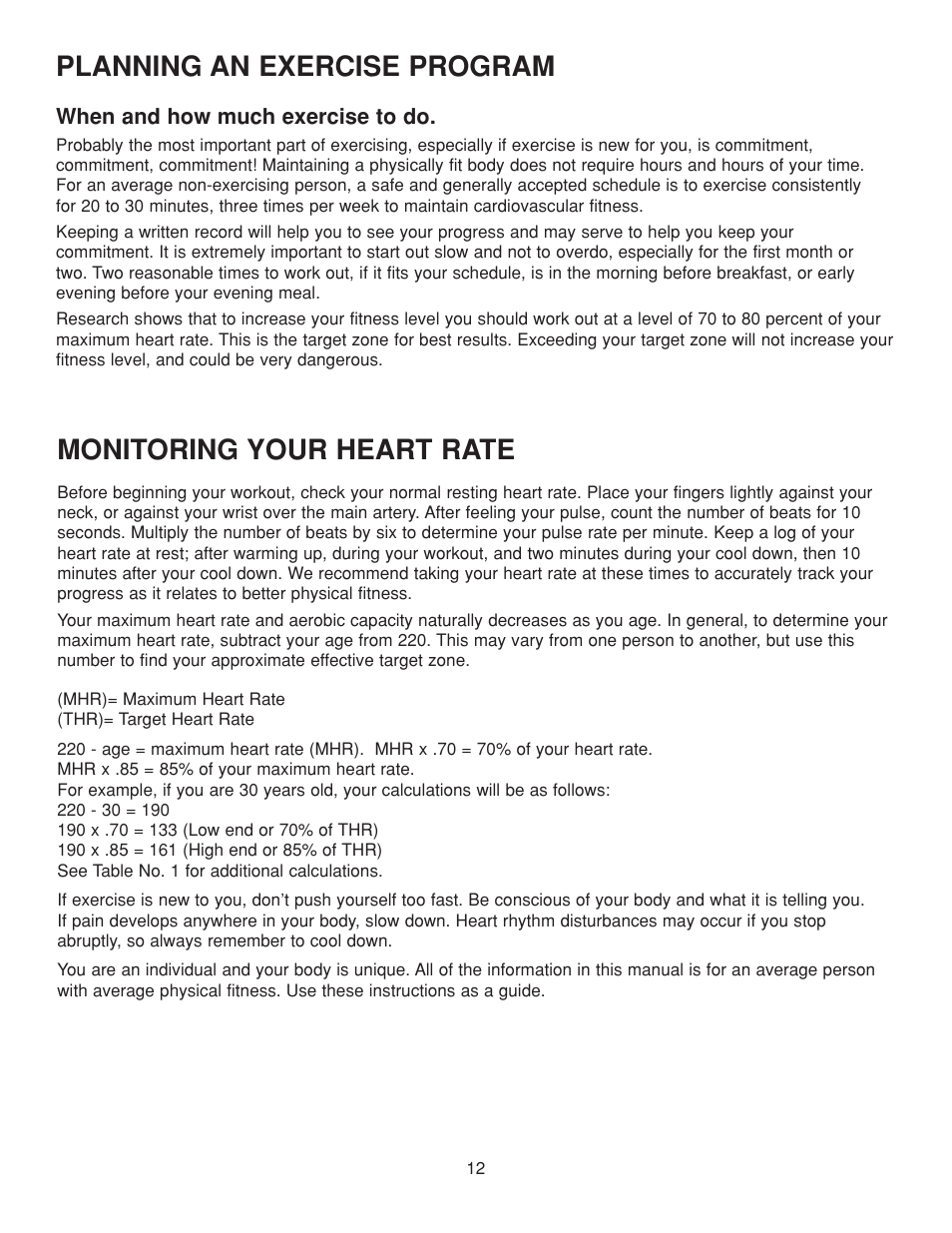 Planning an exercise program, Monitoring your heart rate | Fitness Quest 386da User Manual | Page 12 / 18