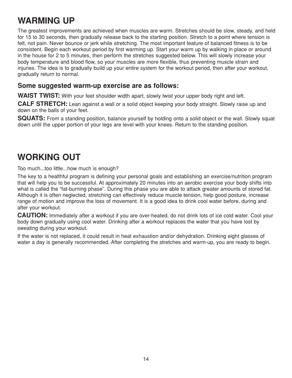 Warming up, Working out | Fitness Quest 386da User Manual | Page 14 / 18