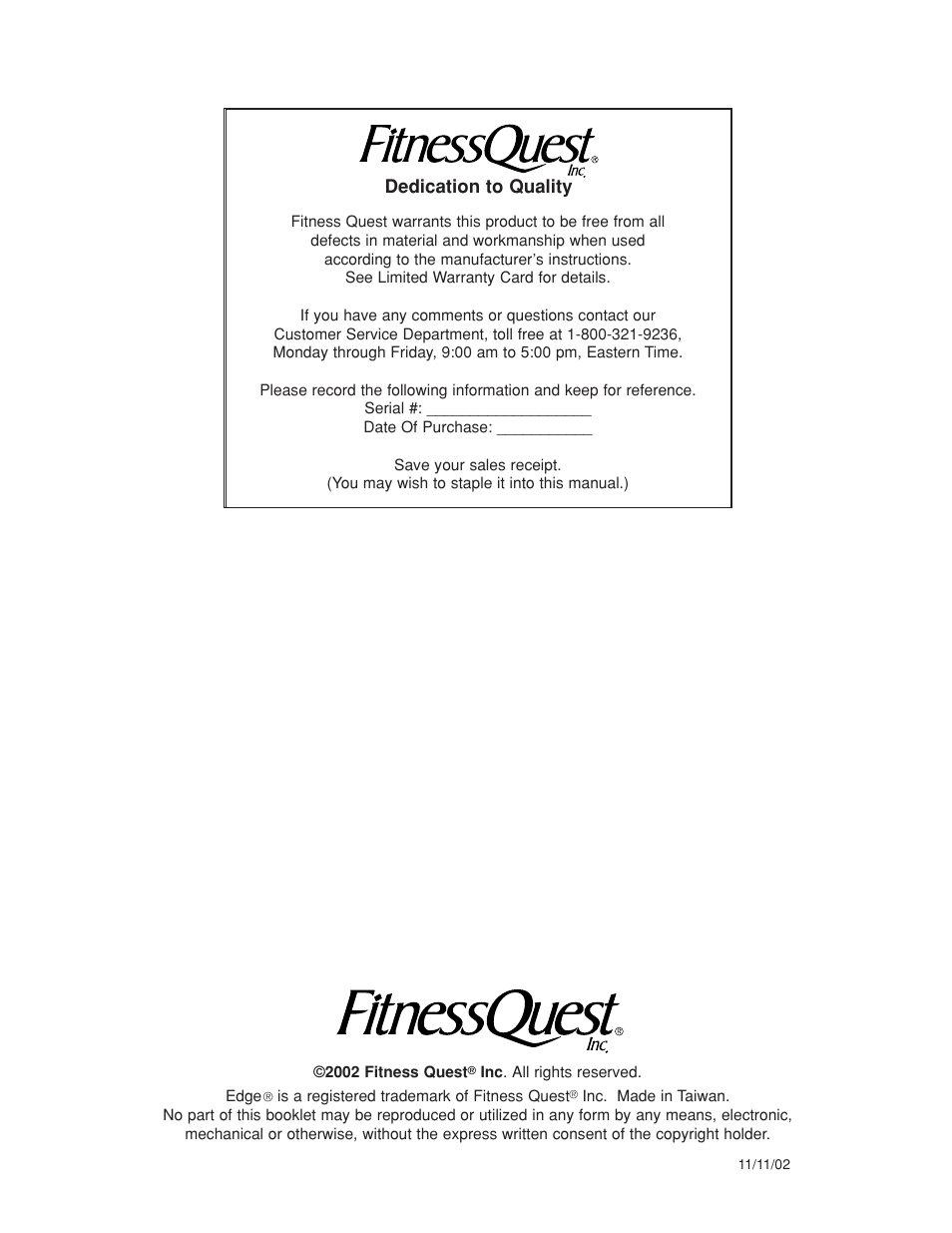 Dedication to quality | Fitness Quest 386da User Manual | Page 18 / 18