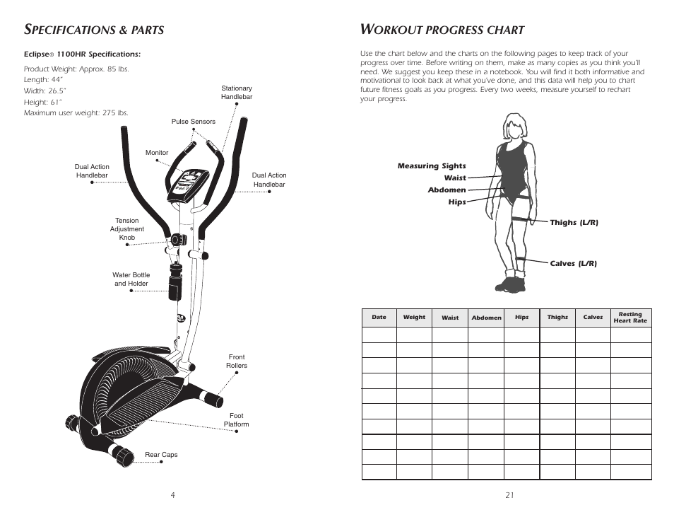 Pecifications & parts, Orkout progress chart | Fitness Quest 1100HR. User Manual | Page 6 / 14