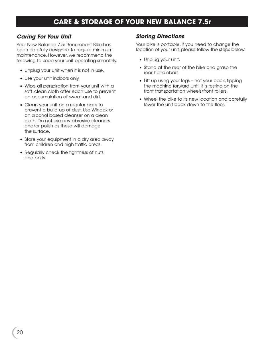 Care & storage of your new balance 7.5r | Fitness Quest NBP01075-2 User Manual | Page 21 / 26
