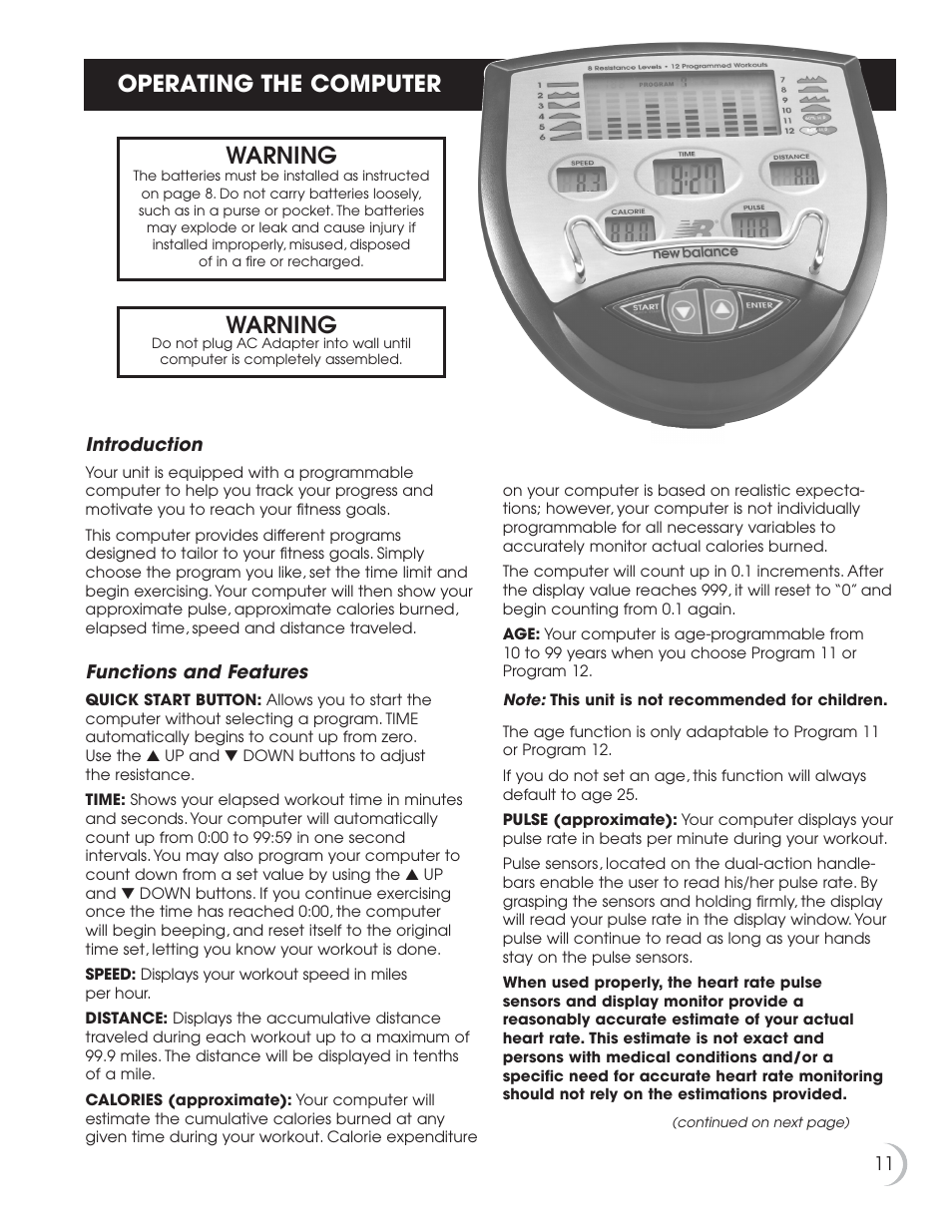 Operating the computer, Warning | Fitness Quest 8.0e User Manual | Page 12 / 26