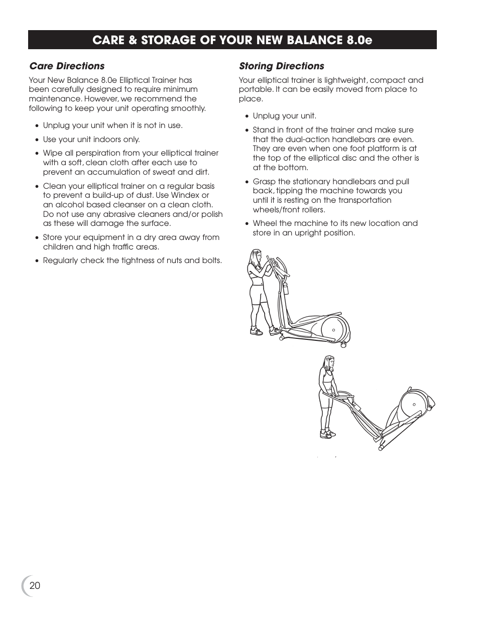 Care & storage of your new balance 8.0e | Fitness Quest 8.0e User Manual | Page 21 / 26