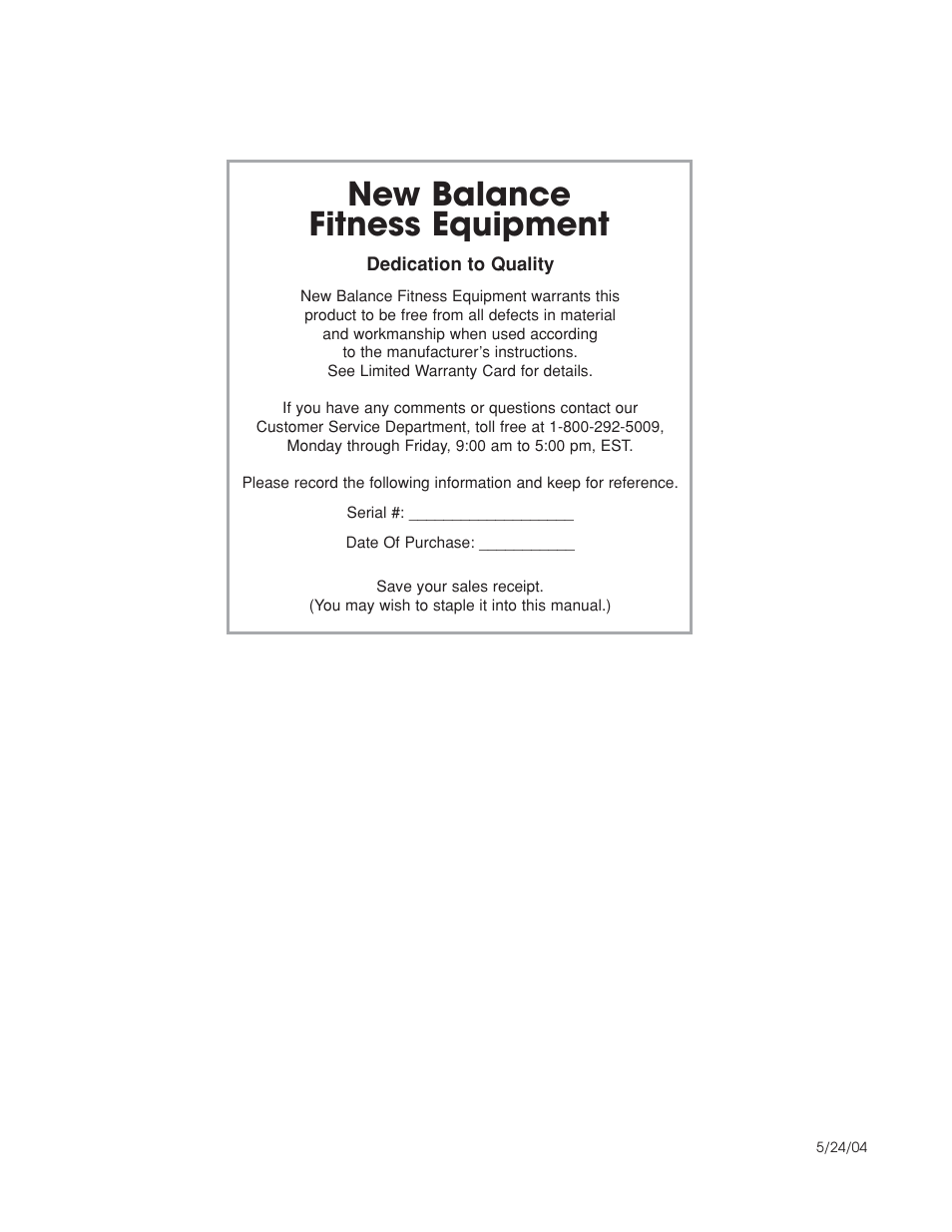 New balance fitness equipment | Fitness Quest 8.0e User Manual | Page 26 / 26