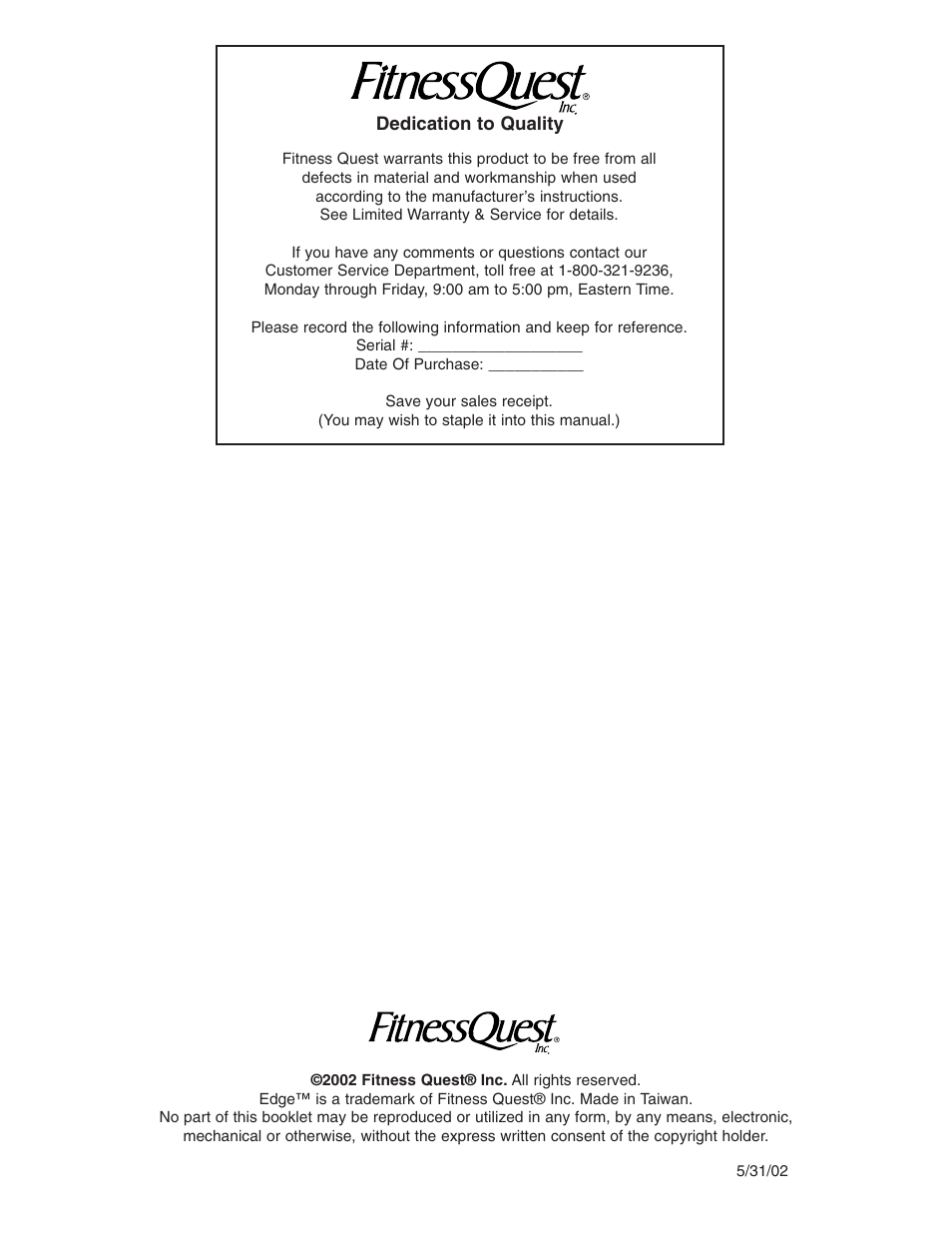 Fitness Quest 491pr User Manual | 20 pages