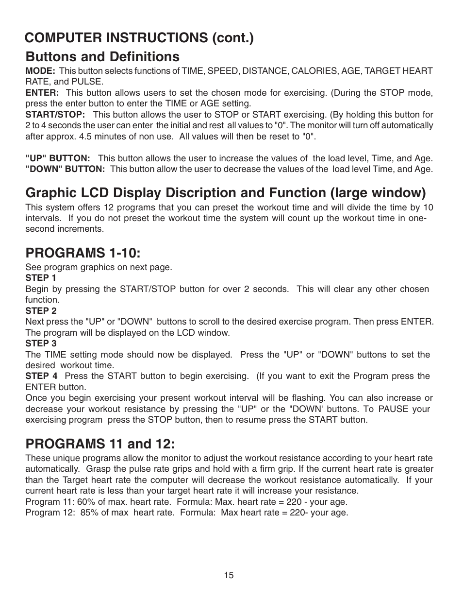 Buttons and definitions, Programs 1-10, Programs 11 and 12 | Computer instructions (cont.) | Fitness Quest 491pr User Manual | Page 12 / 20
