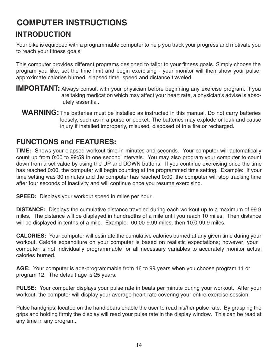 Computer instructions, Introduction, Important | Warning, Functions and features | Fitness Quest 491pr User Manual | Page 13 / 20