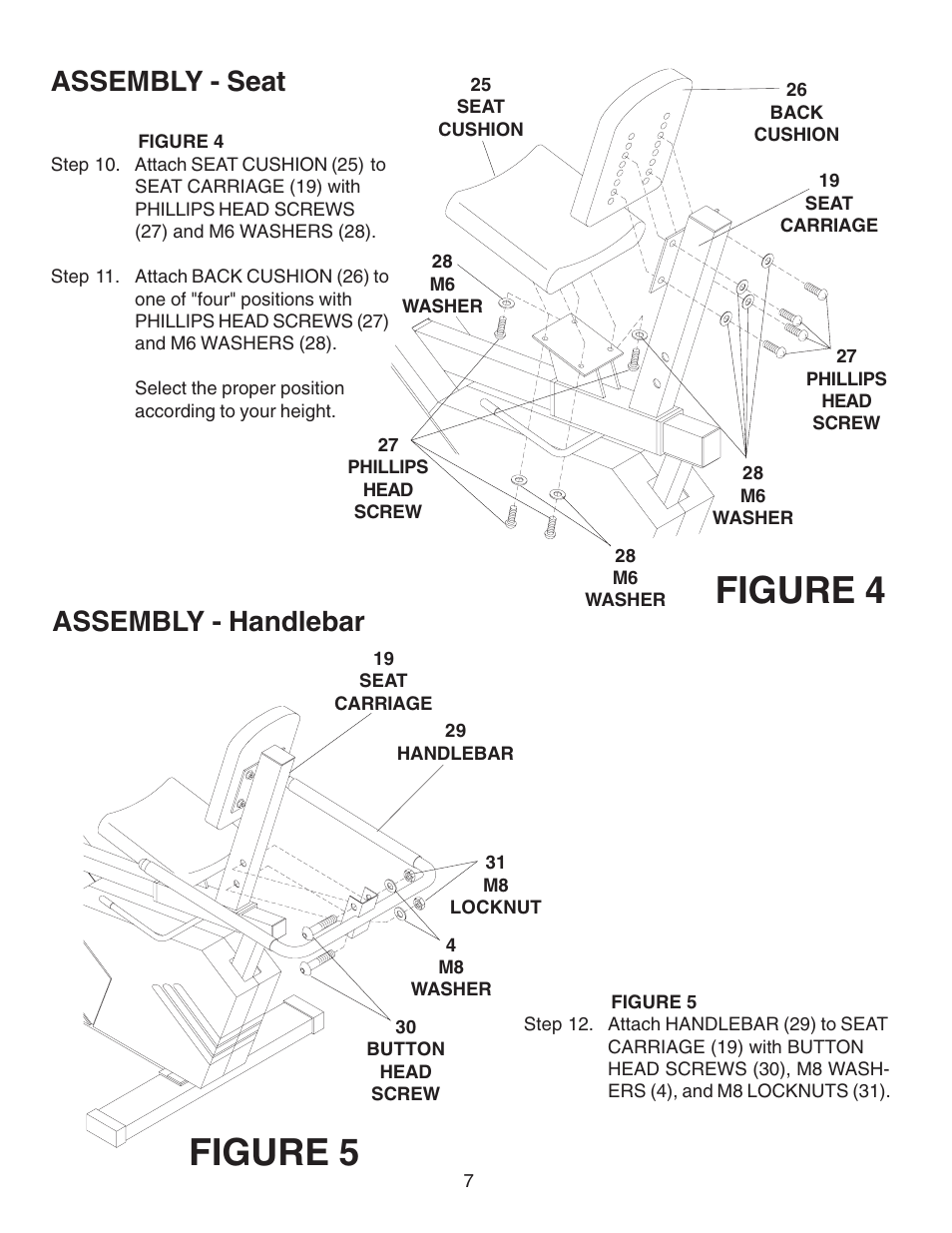 Figure 4 figure 5, Assembly - seat, Assembly - handlebar | Fitness Quest 491pr User Manual | Page 14 / 20