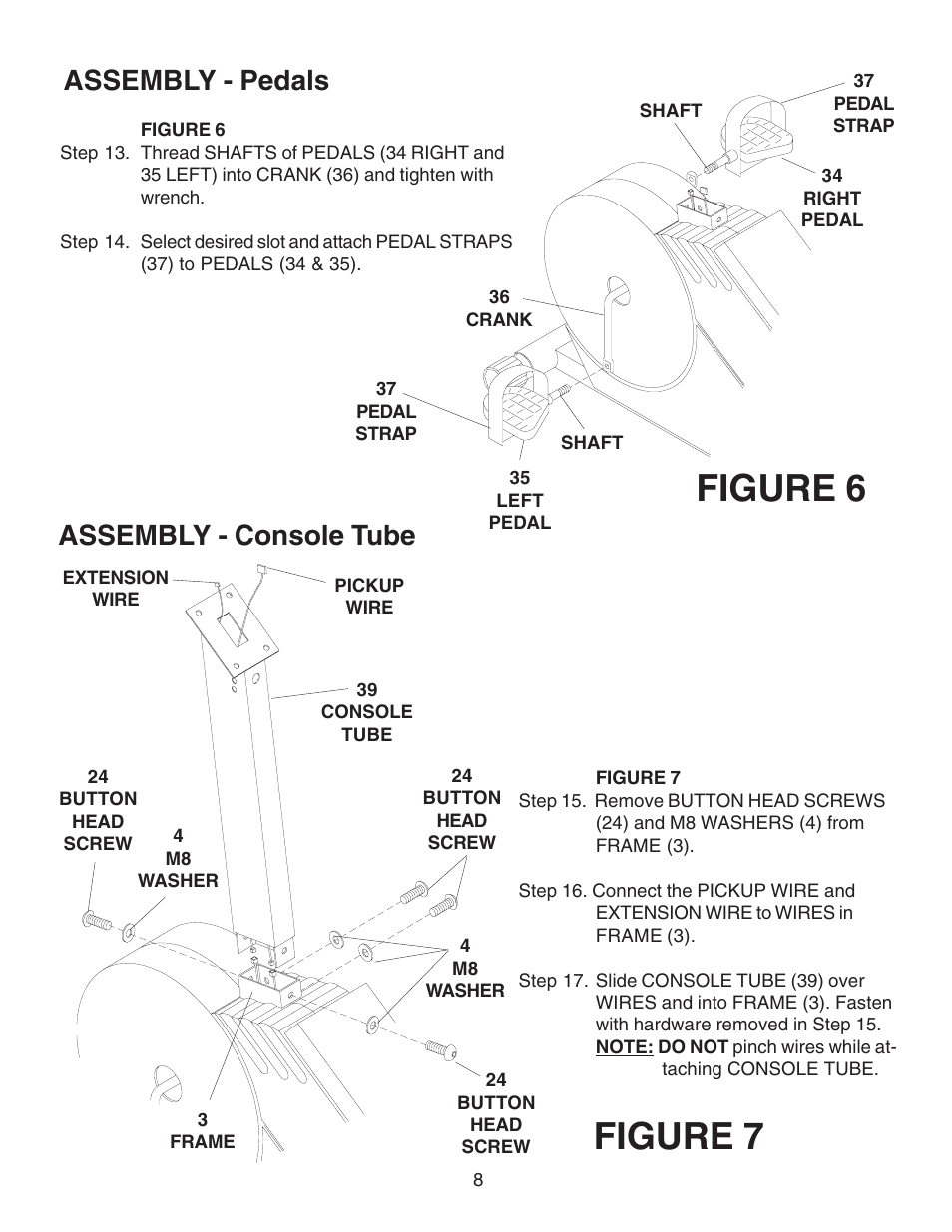 Figure 6, Figure 7, Assembly - pedals | Assembly - console tube | Fitness Quest 491pr User Manual | Page 15 / 20