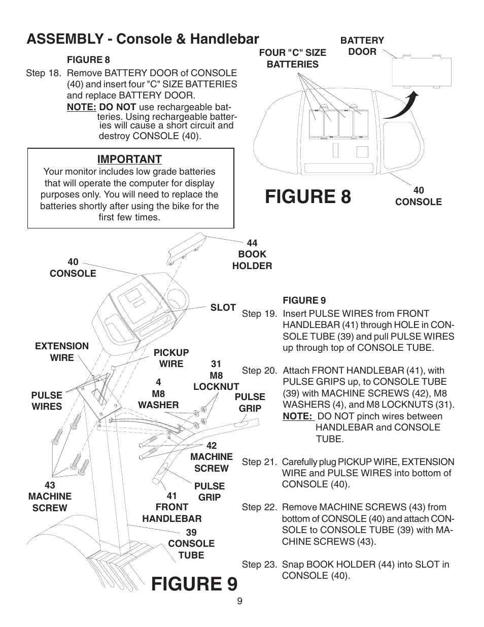 Figure 9, Figure 8, Assembly - console & handlebar | Fitness Quest 491pr User Manual | Page 18 / 20