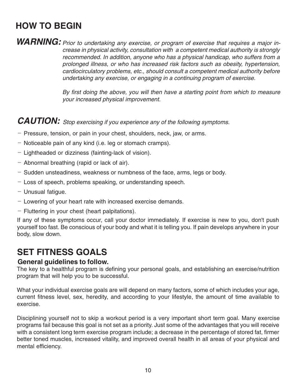 How to begin warning, Caution, Set fitness goals | Fitness Quest 491pr User Manual | Page 19 / 20